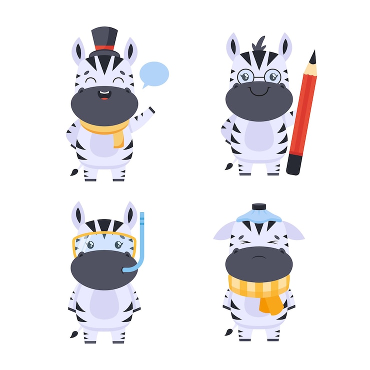 Kostenlose Vektor set von niedlichen cartoon-zebra-charakteren, die tauchermaske und zylinder tragen, bleistift halten, grüßen