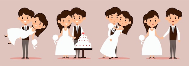 Set von niedlichen Hochzeitsbraut und -bräutigam junges Paar für Hochzeit für Einladungskarte in unterschiedlicher Pose, Cartoon-Charakter, Illustration