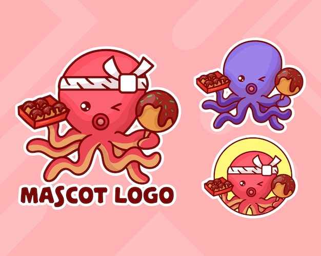 Set von niedlichen octopus takoyaki maskottchen logo mit optionalem aussehen.