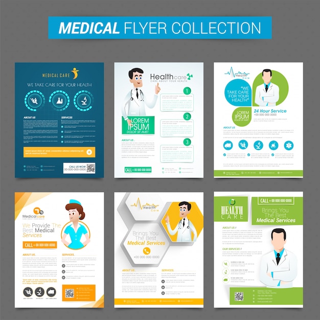 Set von sechs kreativen flyern oder template design für health and medical konzept