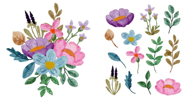 Set von separaten Teilen und bringen Sie zu einem schönen Blumenstrauß in Aquarellstil auf flacher Vektorillustration auf weißem Hintergrund zusammen