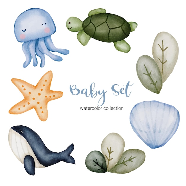 Set von separaten Teilen und zusammenfügen zu schönen Kleidern, Babyartikeln und Spielzeug im Wasserfarbenstil, Aquarellillustration