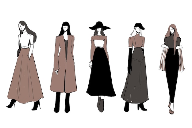 Set von Skizzen von schönen und vielfältigen weiblichen Mode-Outfits