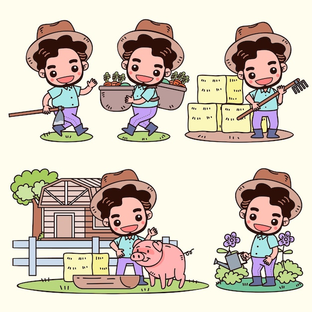 Set von smart farm und landwirtschaft junglandwirt und landwirtschaft und tierhaltung in cartoon-charakter-vektorillustrationen