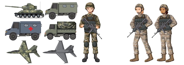 Kostenloser Vektor set von soldaten- und militärtransporten