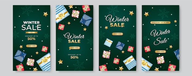 Set von trendigen editierbaren winter frohe weihnachten neujahr verkauf banner hintergrundvorlage für geschichten in sozialen netzwerken. sonderangebote saisonverkauf und perfekte angebote vektorkarten. vektor-illustration.