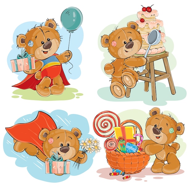 Set von vektor-clip-art illustrationen von braunen teddybär wünscht ihnen einen happy birthday.