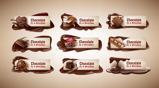 Set von Vektor-Illustrationen, Banner mit Schokolade Bonbons, Schokoriegel, Kakaobohnen und geschmolzene Schokolade