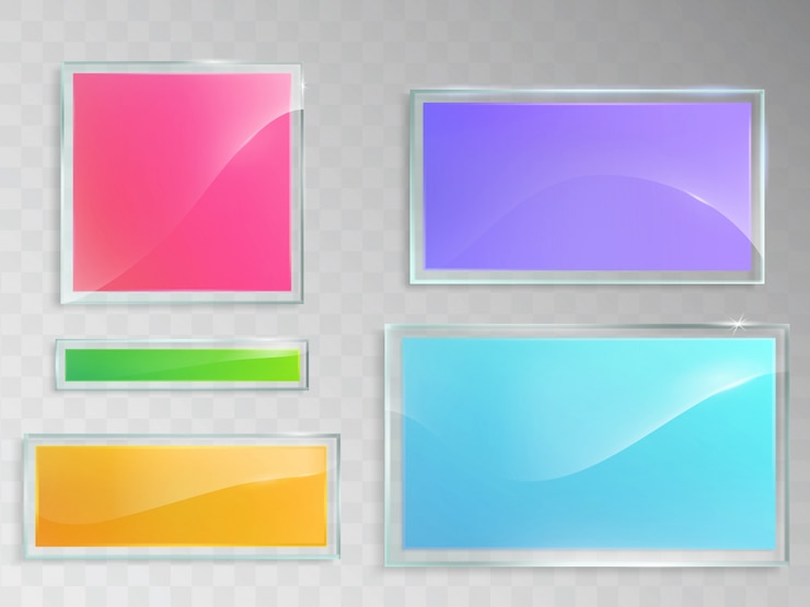 Kostenlose Vektor set von vektor-illustrationen von glas banner auf grauem hintergrund isoliert.