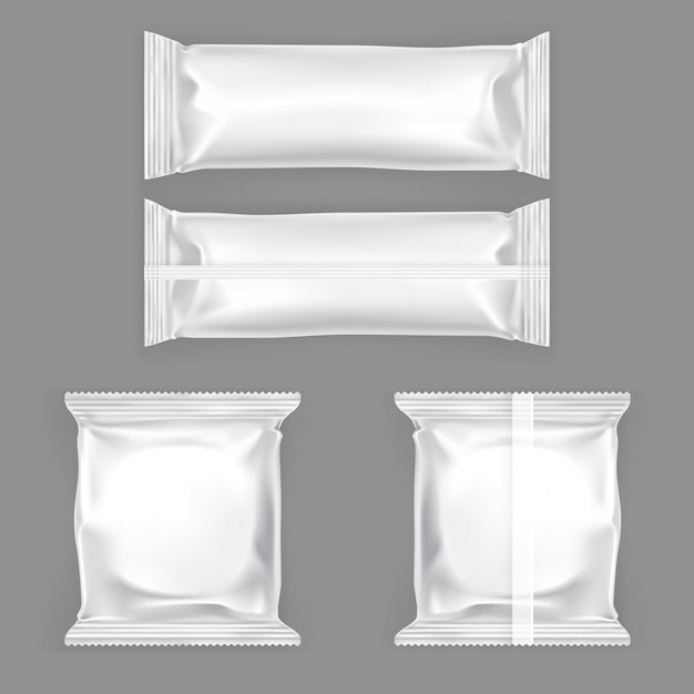 Kostenloser Vektor set von vektor-illustrationen von weißen kunststoff-verpackung für snacks