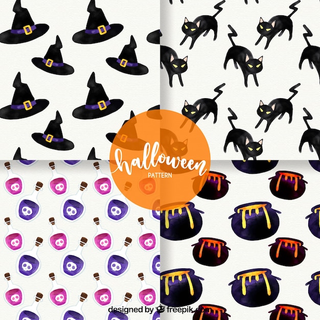 Kostenloser Vektor set von vier aquarell halloween-muster