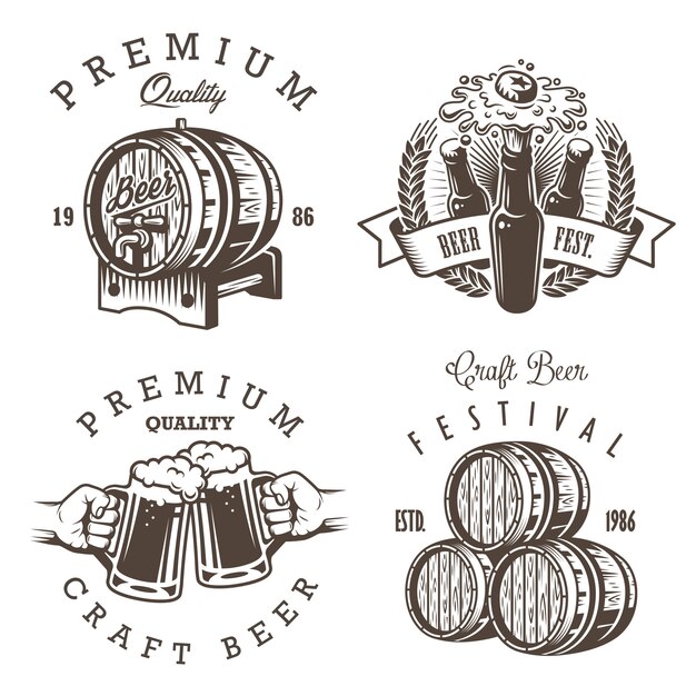 Set von Vintage Bierbrauerei Embleme, Etiketten, Logos, Abzeichen und gestaltete Elemente. Monochromer Stil. Auf weißem Hintergrund isoliert