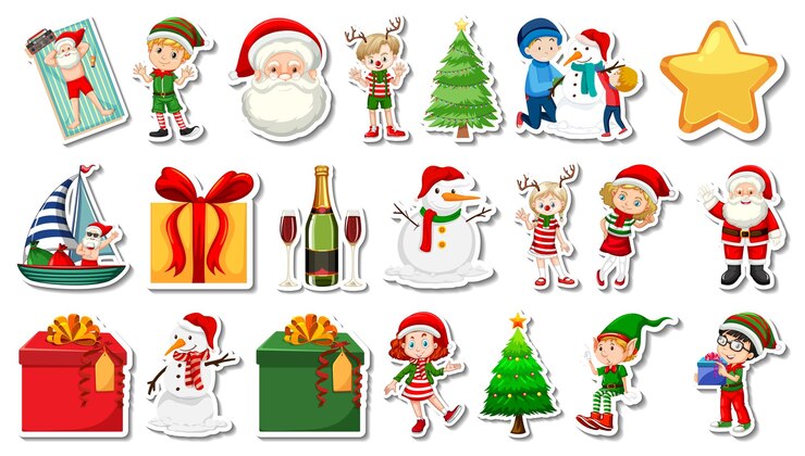 Kostenlose Vektor set von weihnachtsobjekten und zeichentrickfiguren