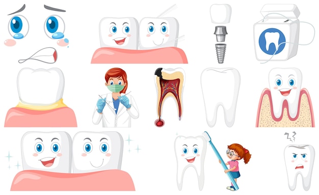 Kostenloser Vektor set von zahnärztlichen geräten und zeichentrickfiguren