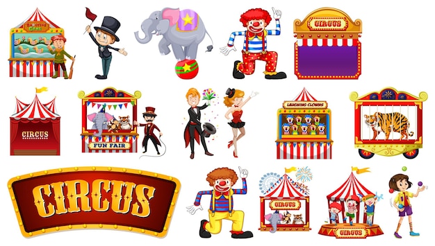 Set von zirkusfiguren und vergnügungsparkelementen