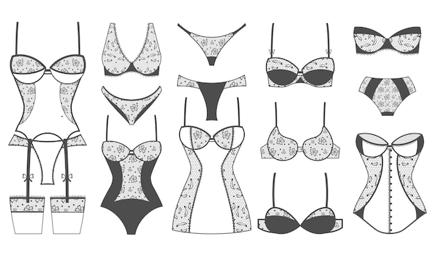 Kostenloser Vektor sexy spitzen dessous set. vektor dessous ikonen. weibliche mode dessous, sexy unterwäsche, stoff design dessous spitzen illustration