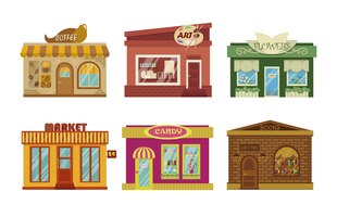 Shop-gebäude-fassaden-cartoon-illustration-set. äußeres von café-, markt-, süßigkeits-, blumen-, kunst- und buchhandlungen lokalisiert auf weißem hintergrund. schaufensterkonzept