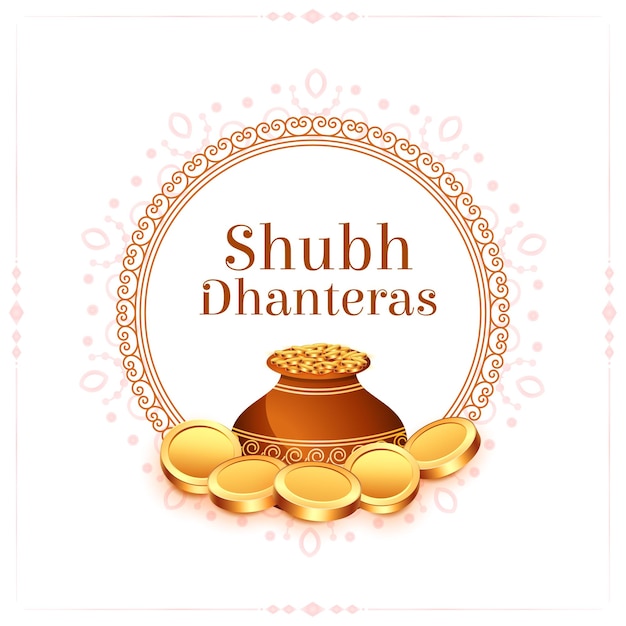 Kostenloser Vektor shubh dhanteras religiöses plakat mit goldener münze und kalasha