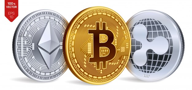 Silber- und Goldmünzen der Kryptowährung mit Bitcoin-, Welligkeits- und Ethereum-Symbol auf weißem Hintergrund.