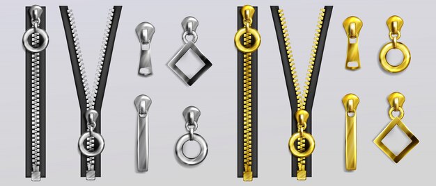 Silber- und Goldreißverschlüsse mit verschiedenen Formabziehern lokalisiert auf grauem Hintergrund. realistischer Satz offener und geschlossener Metallreißverschlüsse und Schieber für Kleidung und Accessoires