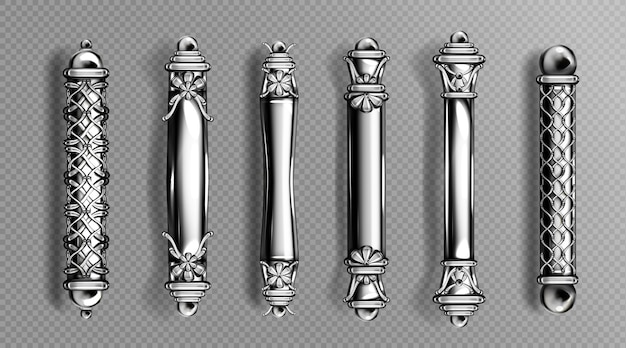 Silberne Türgriffe im Barockstil, klassisch verzierte luxuriöse orientalische Säulenknöpfe isoliert auf transparentem Raum
