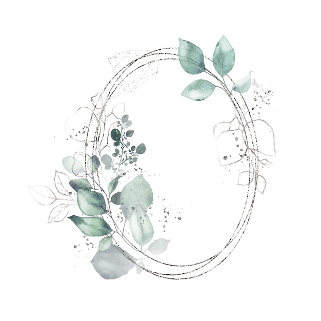 Silberner geometrischer runder ovaler Rahmen des Aquarells mit grünen Blättern