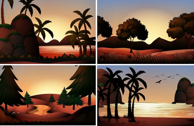 Kostenloser Vektor silhouette blick auf meer und flüsse illustration