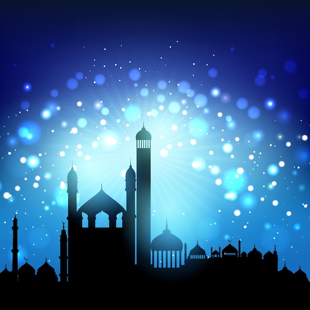 Silhouette der Moscheen gegen ein Bokeh Lichter Nachthimmel