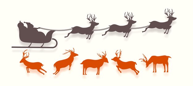 Silhouette des Weihnachtsmanns, der auf Schlitten mit Rentierdesign im Set fliegt