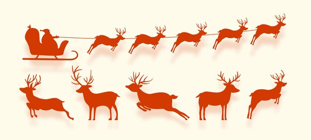 Silhouette des Weihnachtsmanns, der auf Schlitten mit Rentierdesign im Set fliegt