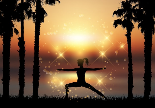 Kostenloser Vektor silhouette einer frau in yoga-pose in tropischen landschaft