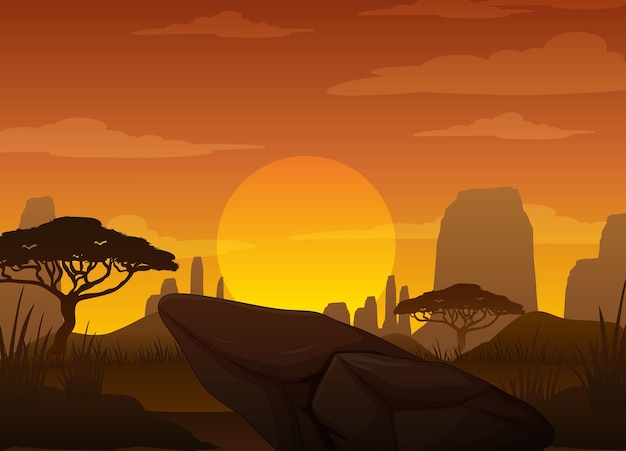 Silhouette Savannenwald bei Sonnenuntergang