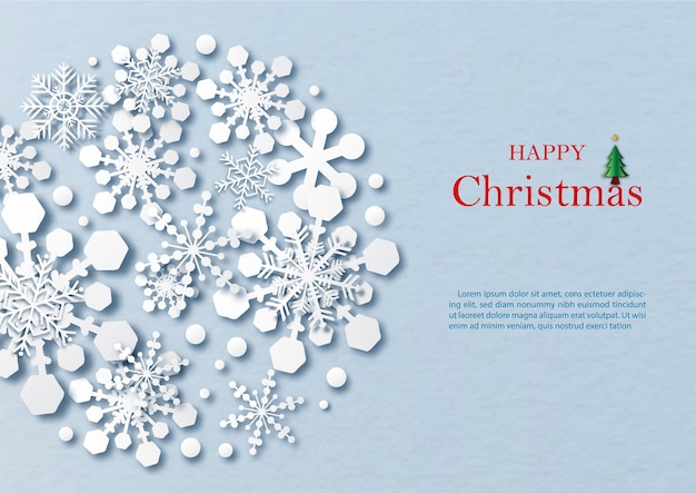 Silhouette-schneeflocken-muster in einer riesigen kreisform und papierschnitt-stil mit wortlaut des weihnachtstages, beispieltexte auf blauem papiermusterhintergrund.