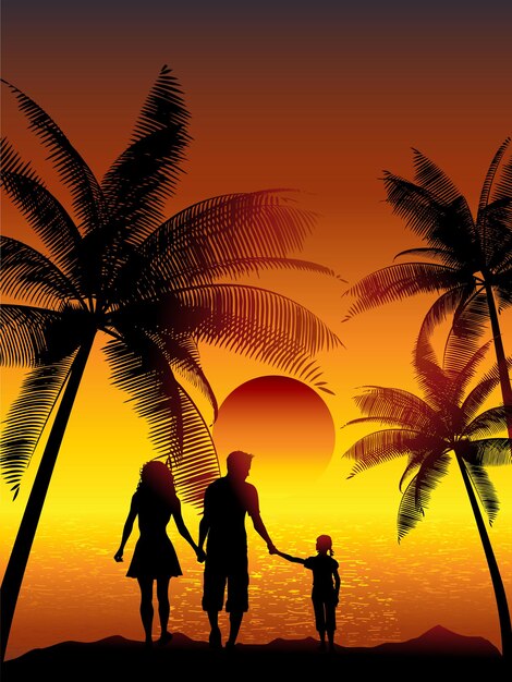 Silhouetten einer Familie, die an einem tropischen Strand spazieren geht