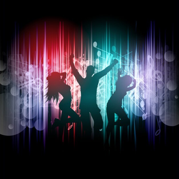 Silhouetten von Menschen auf einer Musik-Noten Hintergrund tanzen
