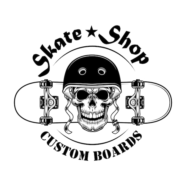 Kostenloser Vektor skate shop label vektor-illustration. schädel im helm mit skateboard und text