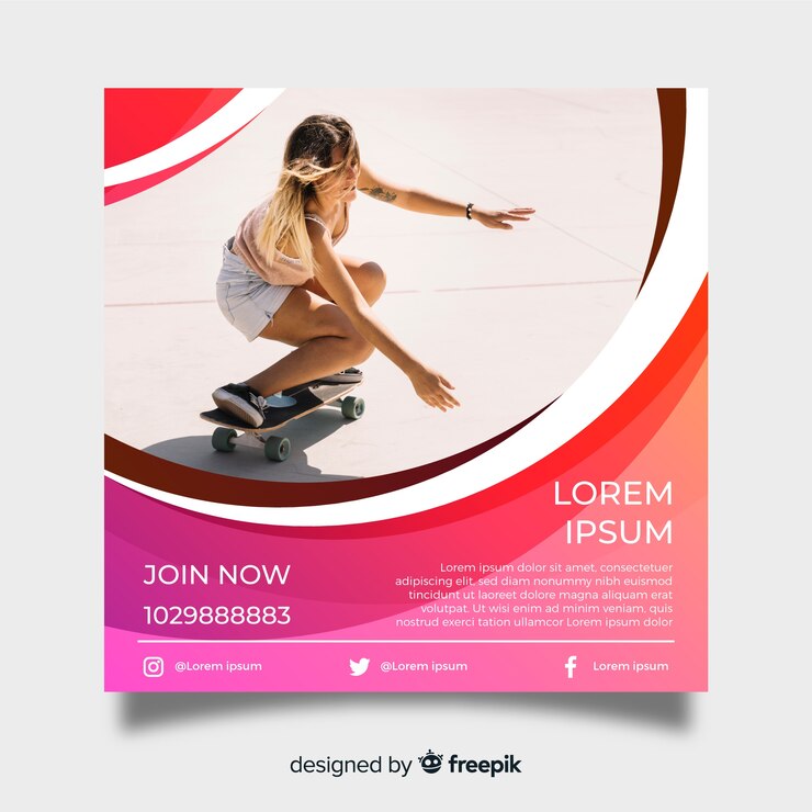 Kostenlose Vektor skateboard plakat vorlage mit foto