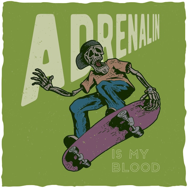 Kostenloser Vektor skateboard-t-shirt-design mit illustration des skeletts, das skateboard spielt.