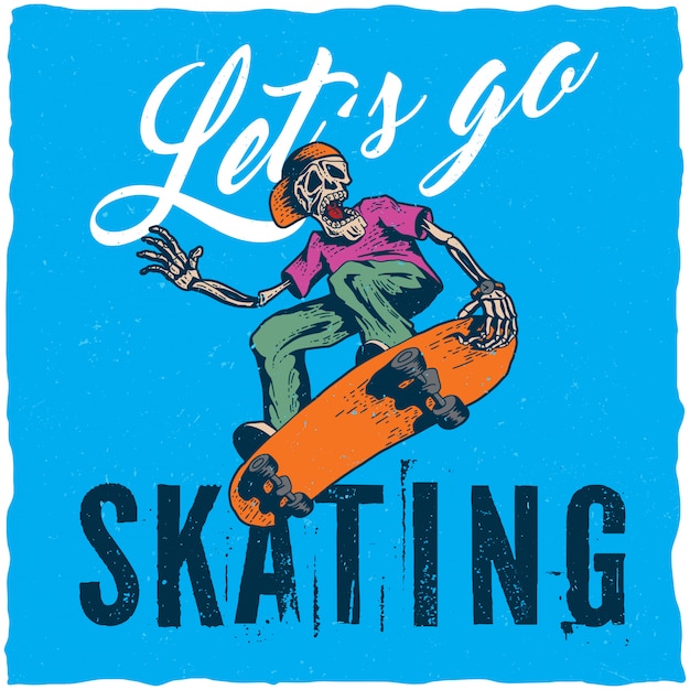 Skateboard-t-shirt-etikettendesign mit illustration des skeletts, das skateboard spielt.