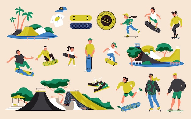 Skater-farbsymbole mit teenagern, die skatesport betreiben, und parkrampen isolierte vektorillustration