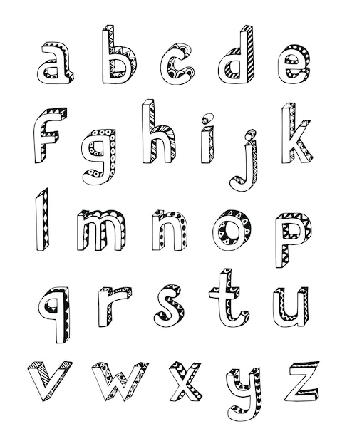 Kostenloser Vektor sketch hand gezeichnet 3d alphabet von kleinen kleinbuchstaben isoliert vektor-illustration