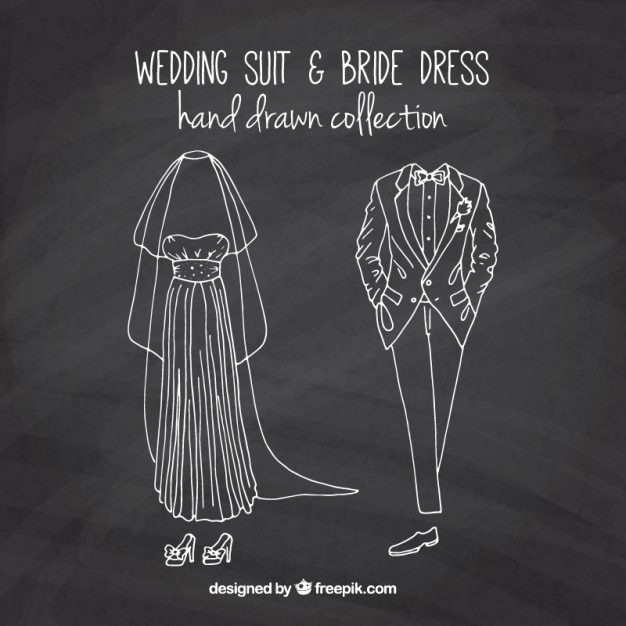 Kostenloser Vektor sketches brautkleides und hochzeitsanzug in tafel-effekt