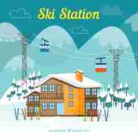 Kostenloser Vektor ski station design mit holzhaus