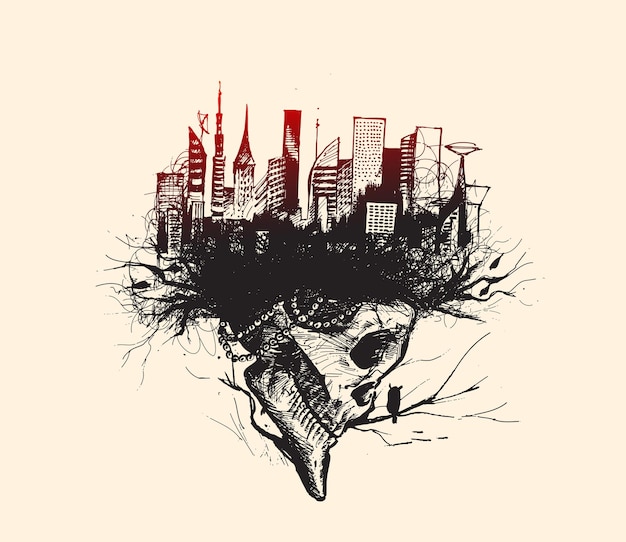 Skizze des Schädels isoliert auf weißem Hintergrund mit urbaner Skyline-Vektorillustration