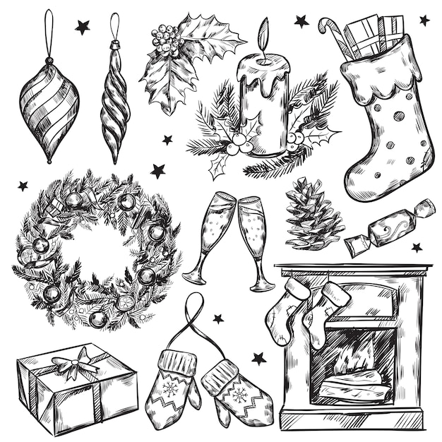 Skizze Weihnachtsgeschenke Icon Set