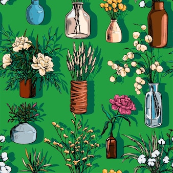 Skizzen von vasen mit blumen und pflanzen. botanische verzierung der vintagen wohnkultur. hand gezeichnetes nahtloses muster des vektors. abstraktes design für textil, hintergrund, tapete.