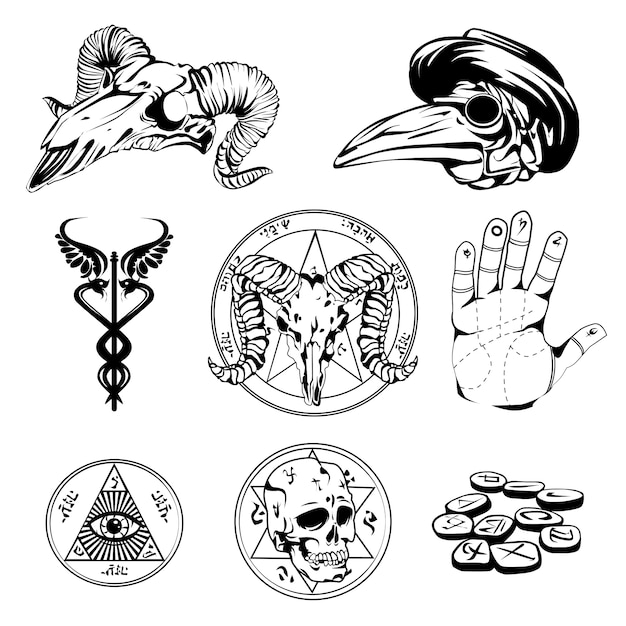 Kostenloser Vektor skizzensatz von esoterischen symbolen und okkulten attributen