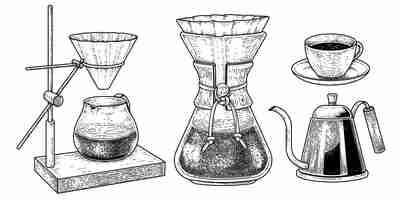 Kostenloser Vektor skizzenvektorsatz von kaffeemaschinenwerkzeugen hand gezeichnete elementillustrationen
