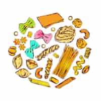 Kostenloser Vektor skizzieren sie eine runde pastakomposition mit verschiedenen nahrungsmitteln und verschiedenen arten von makkaroni in dekorativen symbolen