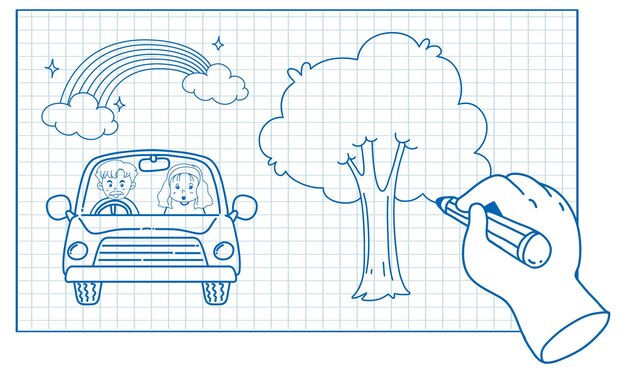 Skizzieren von Cartoon von Auto und Baum